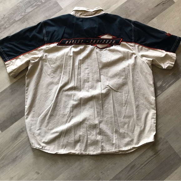 Mens Spellout Harley Davidson Mechanic Short Sleeve Button Up Navy/Tan 2XL - Picture 4 of 9